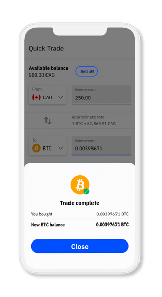 A successful Bitcoin trade confirmation, showing transaction details and completed status on a trading platform.